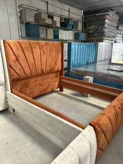 stylish chester beds 6ft by 6ft blue gum wood and custom fabric colors